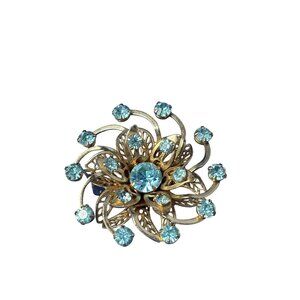 Vintage 50s Flower Brooch Blue Rhinestones Goldtone Filigree 1.5